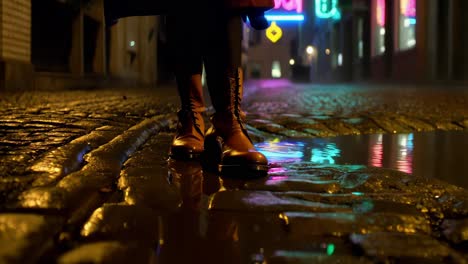 woman's feet in leather boots in a night city street with puddles