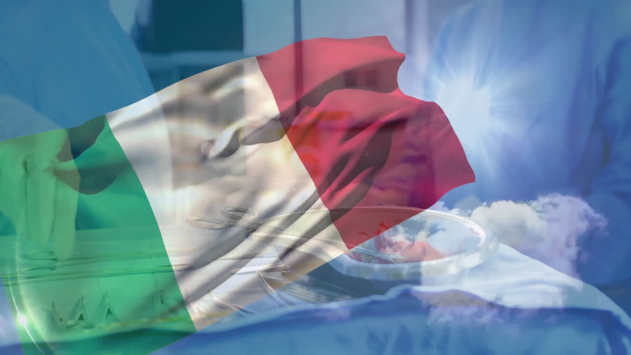 Italian flag overlaying animation with healthcare professionals using surgical instruments