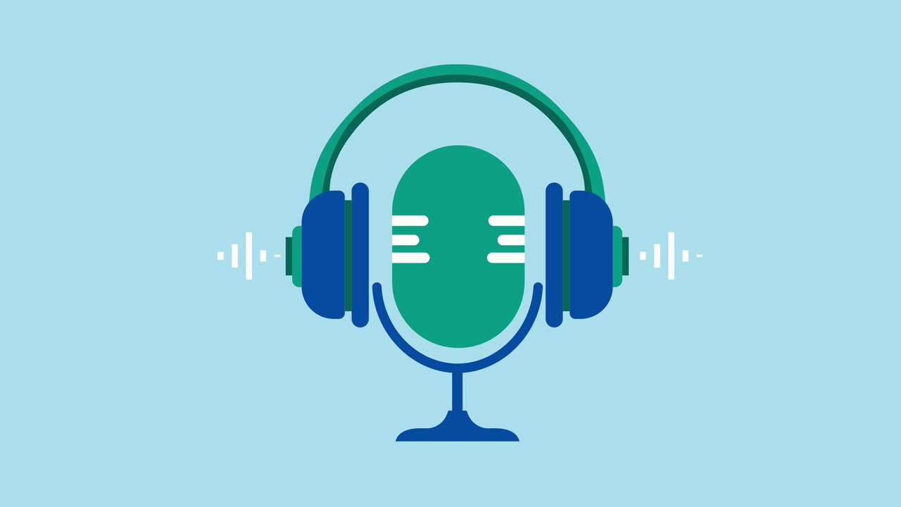 Animeret podcastmikrofon med hovedtelefoner og lydbølger