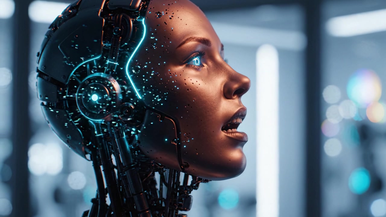 Testa di robot futuristica con tratti luminosi che assume un'espressione di curiosità, mostrando tecnologia avanzata e design realistico in un ambiente ad alta tecnologia.