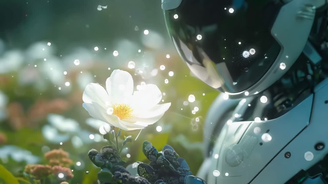 A robot is holding a flower in a field of flowers. The robot is white and has a flower in its hand. The scene is peaceful and serene, with the robot and the flower creating a sense of harmony