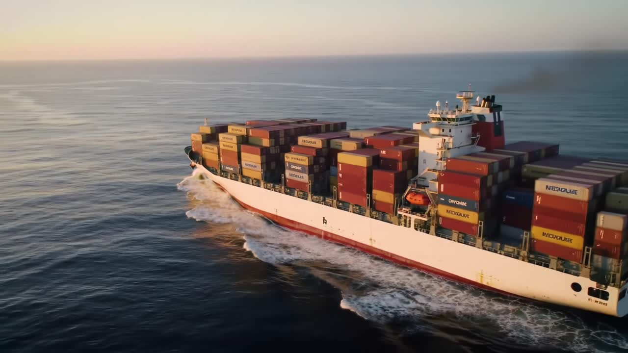 A Cargo Ship Navigating Calm Waters at Sunset, Carrying Colorful Shipping Containers, Showcasing Global Trade and Maritime Transport in Action