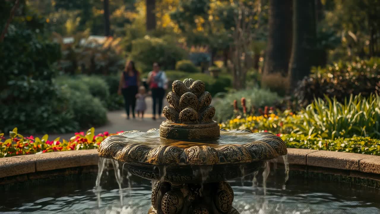 Water cascading over fountain creating ripples, family walking along garden pathway toward basin