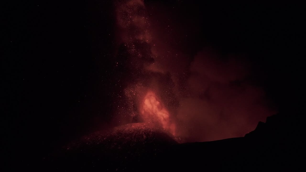 Etna Volcano Eruption at Night, Sicily, Italy. Red Lava, Ash and Vapor, Slow Motion