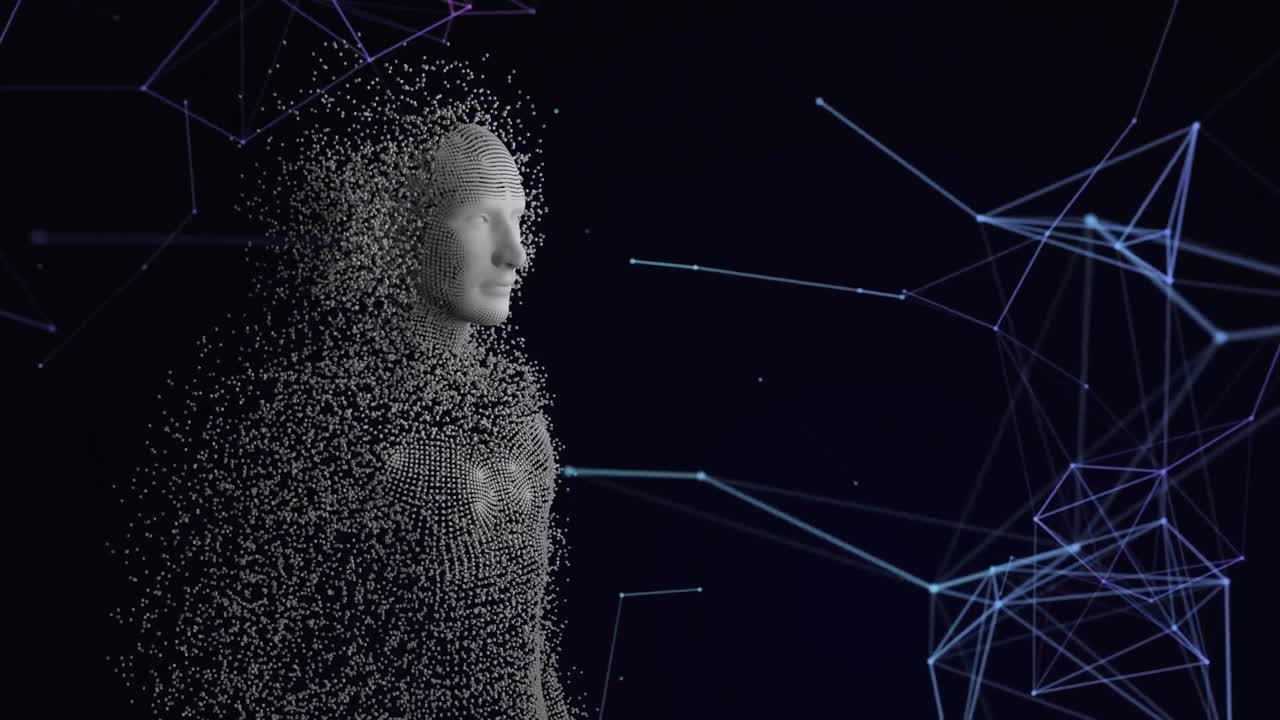 Animation of exploding human bust formed with grey particles with network of connections