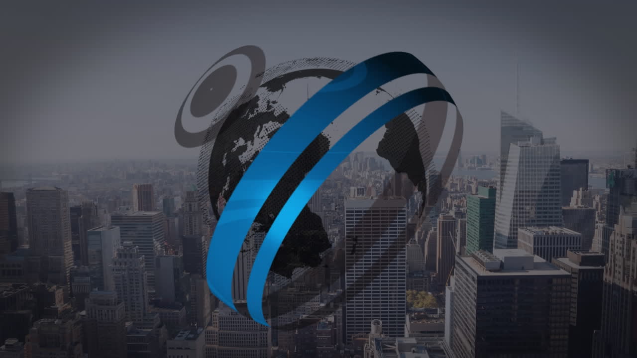 animación de un globo giratorio con escopetas escaneando el paisaje urbano