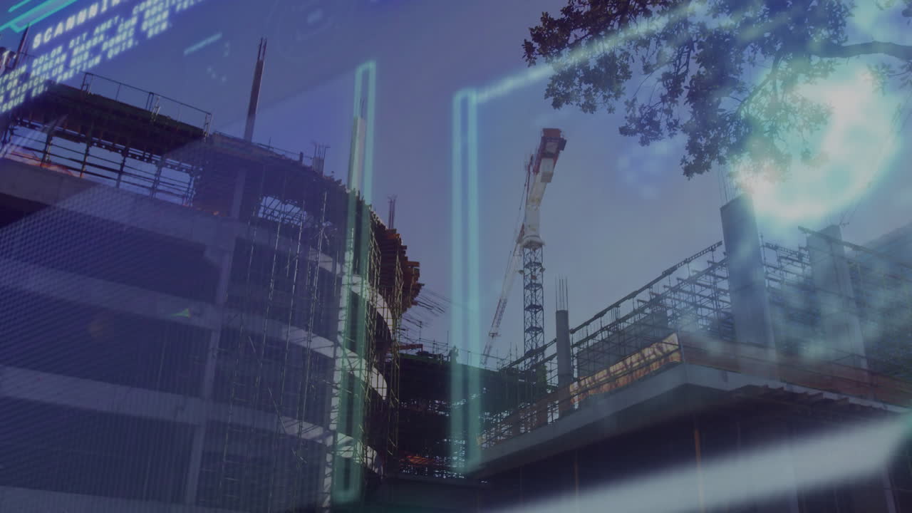Construction site with cranes and scaffolding over data processing animation
