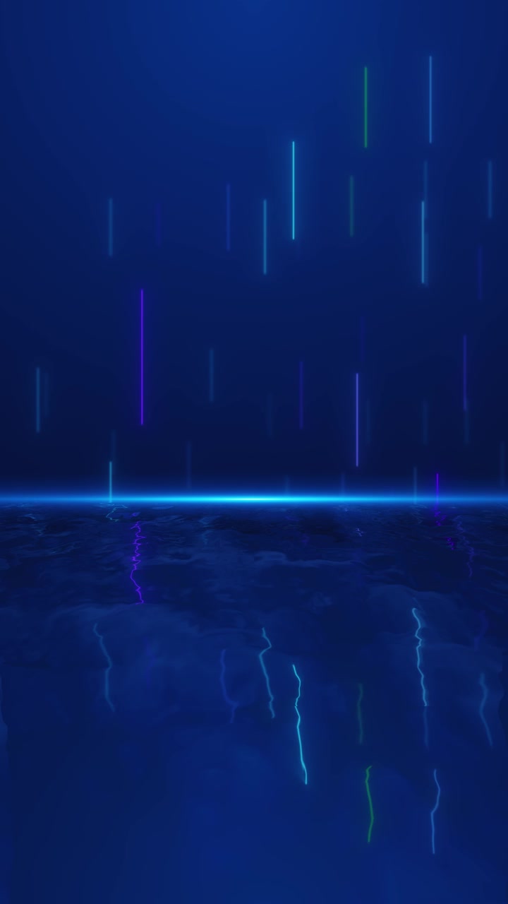 Blue neon rain reflection background with vertical light streaks glowing water surface dark