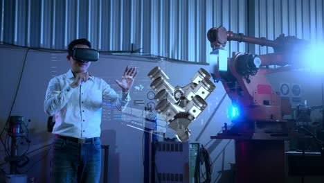 Engineer machine engine virtual reality augmented reality control technology, smart factory industry 4.0 automation machine robot arm control futuristic industry ideas.