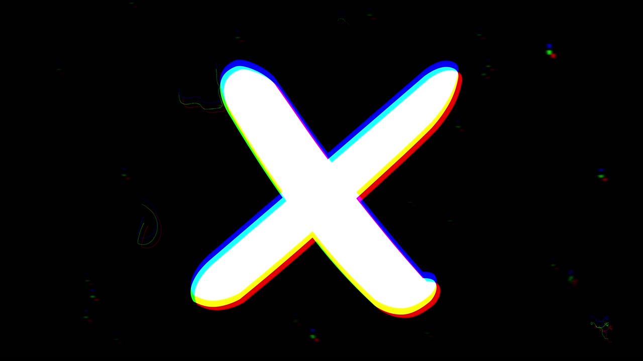 Simbolo X glitch animato con aberrazione cromatica su sfondo nero