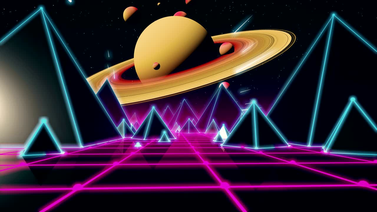 vuelo retro futurista sobre la cuadrícula, fondo sin costuras de la fantasía retro de los años ochenta.