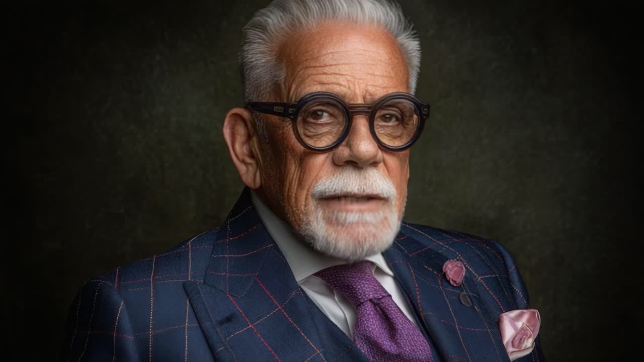 Un distinguido anciano con una expresión pensativa captura la esencia de la elegancia y la sabiduría, luciendo un atuendo elegante con atención al detalle en este cautivador retrato.