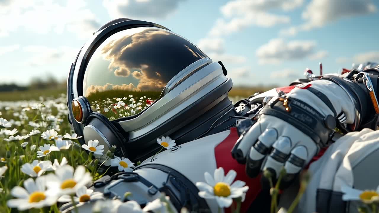 A man in a space suit laying in a field of daisies