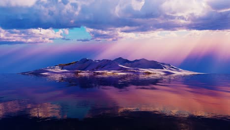 rocky snow covered island in calm water looping background