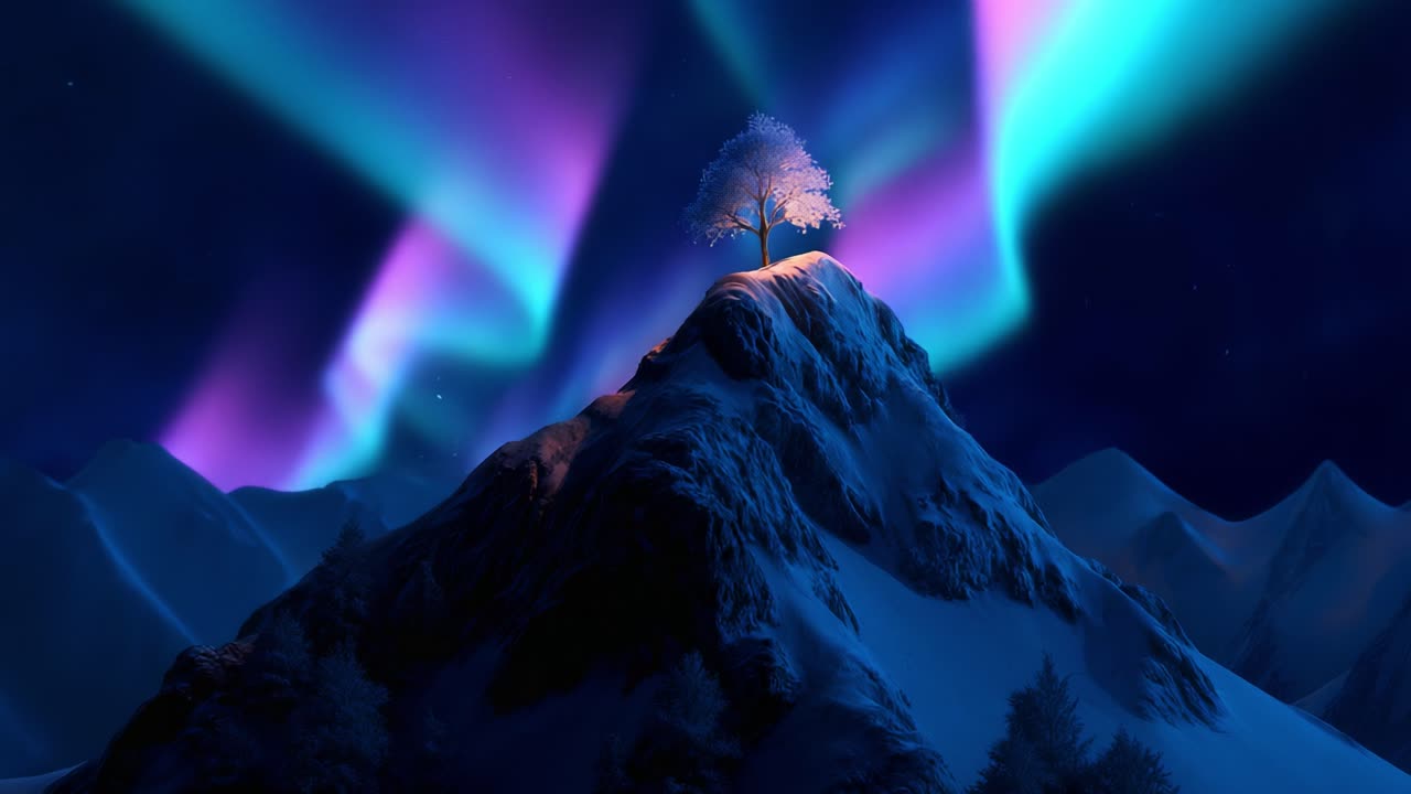 A Majestic Lone Tree Illuminated by the Enchanting Aurora Borealis Above a Snow-Capped Mountain Peak, Capturing Nature's Splendor in a Stunning Display of Nighttime Beauty and Colorful Light