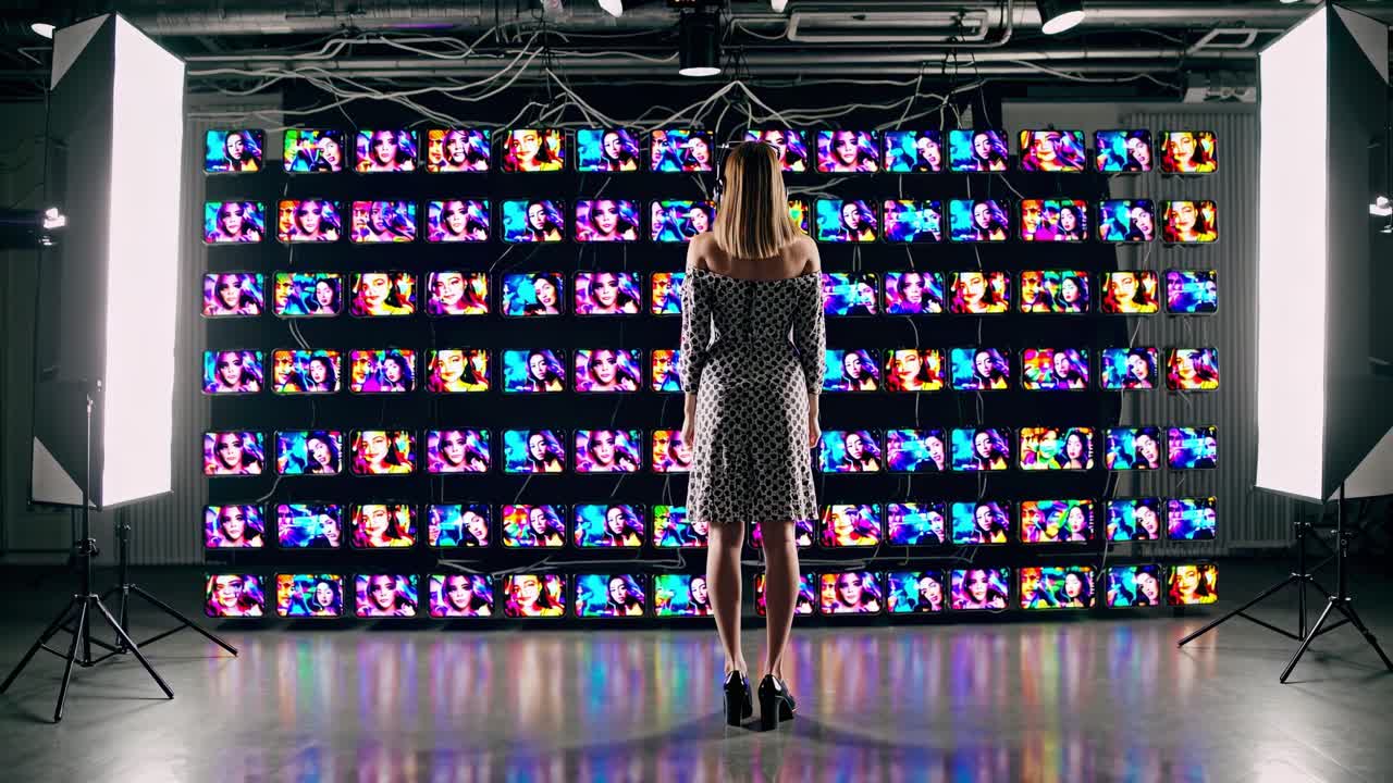 Female professional standing near multimedia wall displaying vibrant abstract video projections, lit by studio lighting equipment during innovative technology showcase