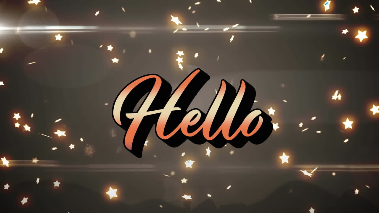 animación de hello sobre estrellas y luces en fondo marrón