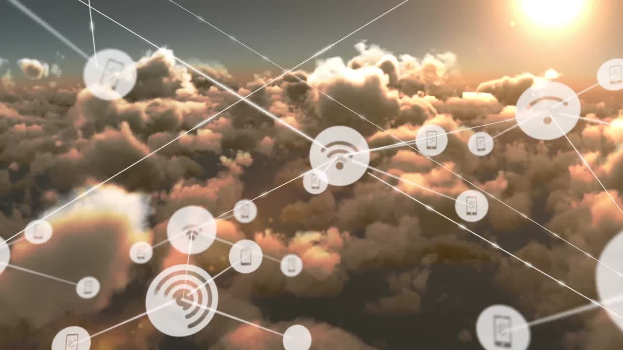 animación de la red de conexiones con iconos sobre nubes