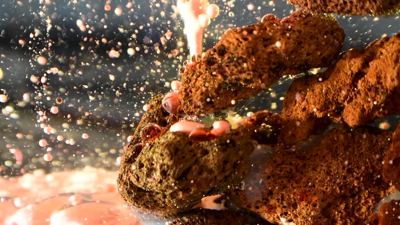 수중 효과 60fps로 다공성 암석 외계 구조 위로 떨어지는 몽환적인 보케 컬러 오일 방울