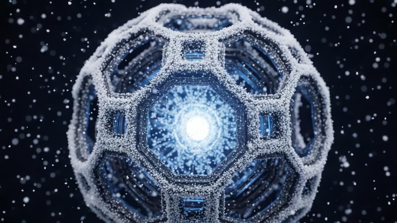 A captivating visual of a futuristic glowing structure surrounded by falling snowflakes, creating a mesmerizing atmosphere of light and elegance, emphasizing geometric beauty and innovation