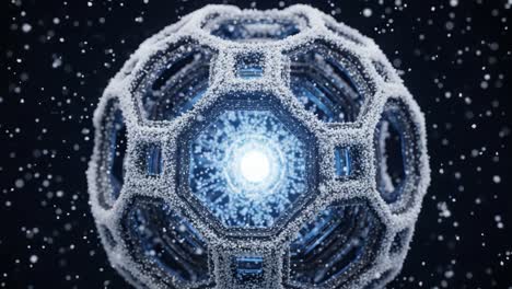 a captivating visual of a futuristic glowing structure surrounded by falling snowflakes, creating a mesmerizing atmosphere of light and elegance, emphasizing geometric beauty and innovation