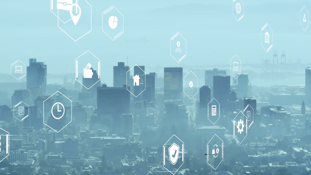 디지털 아이콘의 애니메이션과 도시 풍경에 대한 데이터 처리