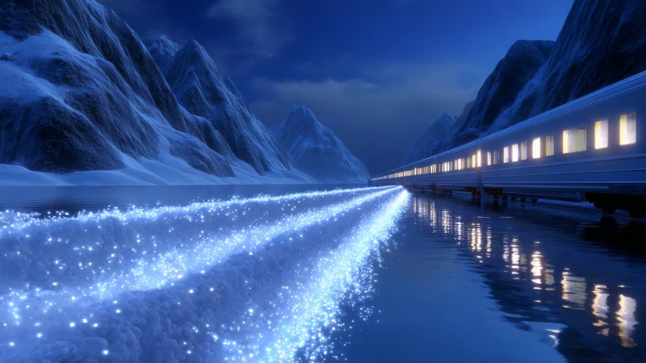 An Enchanting Train Journey Through a Winter Wonderland: Exploring the Majestic Mountains and Tranquil Waters Beneath a Starry Sky, Illuminated by a Magical Trail of Shimmering Lights Reflecting on the Surface