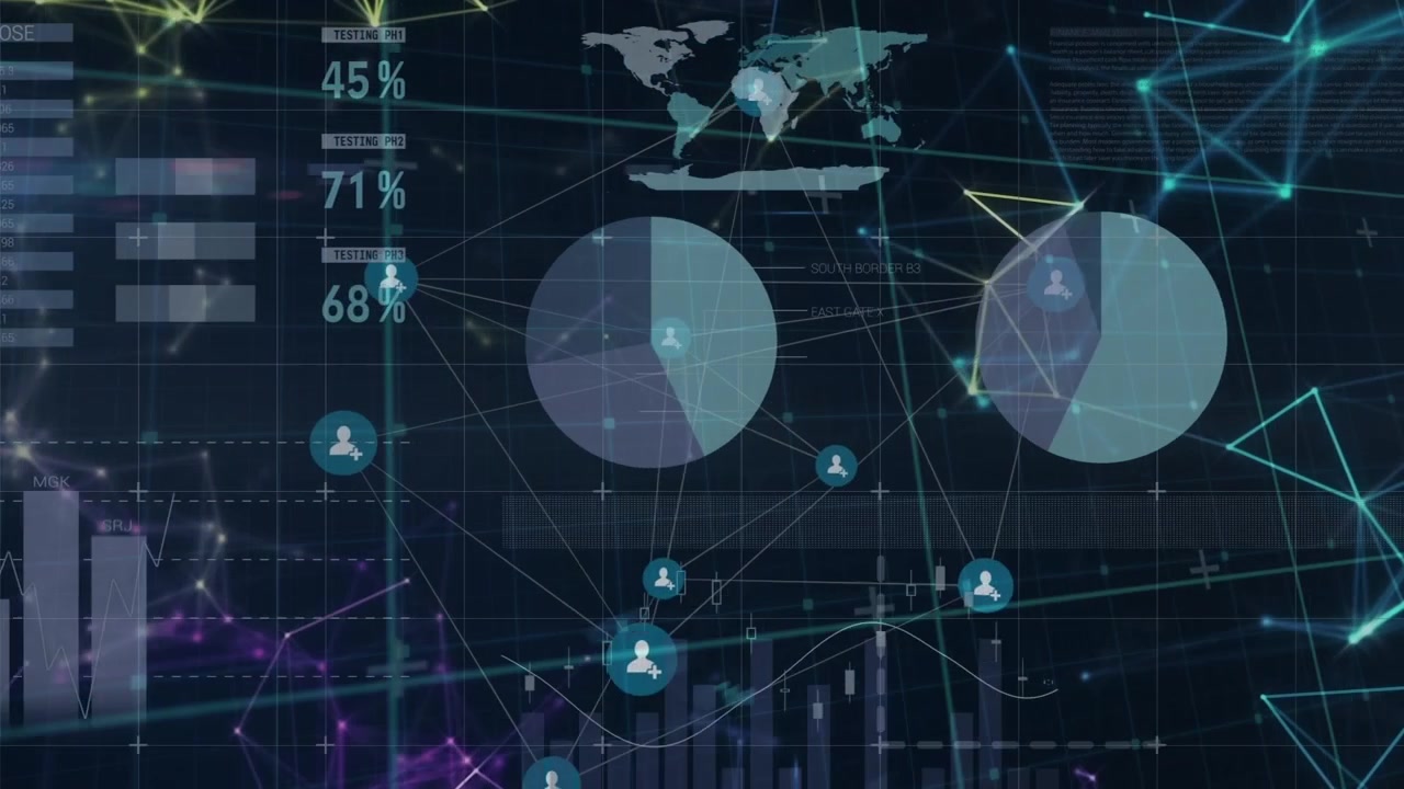 Animation of network of connections with icons over financial data processing on black background