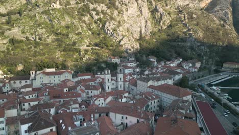 Aerial-drone-panning-shot-of-the-high-St-Tryphon-Cathedral-in-Kotor