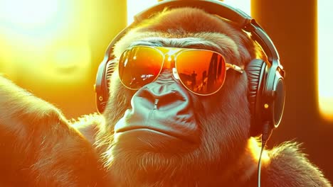 a gorilla wearing sunglasses and headphones listening to music