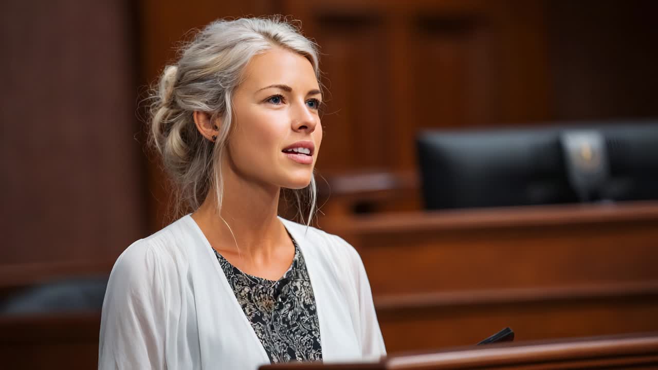 A Young Woman Engaged in Court Proceedings Expressing Her Thoughts with Passion and Determination in a Formal Setting of Justice, Capturing the Tension and Emotional Weight of Legal Discourse