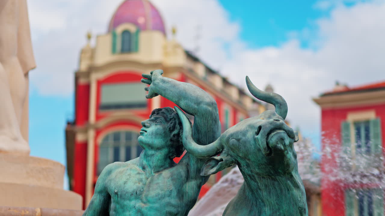 Nice, France - May 12, 2025: Close up of the Sun water fountain in the Massena Square in daylight