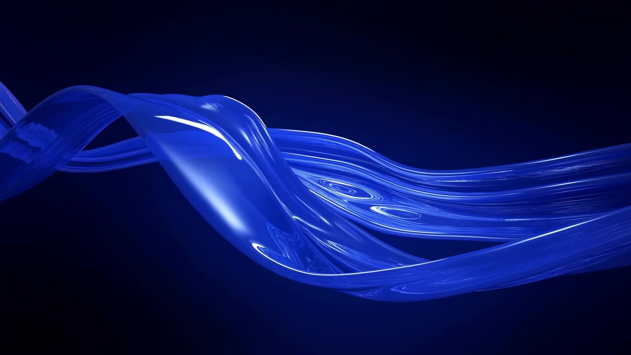 Glossy Blue Ribbons Flow Gracefully Across Dark Studio Stage, Highgloss Reflections And Silky Movement Create