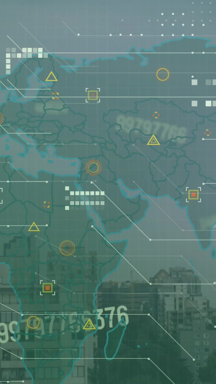 Animation of financial data processing over map of world and cityscape