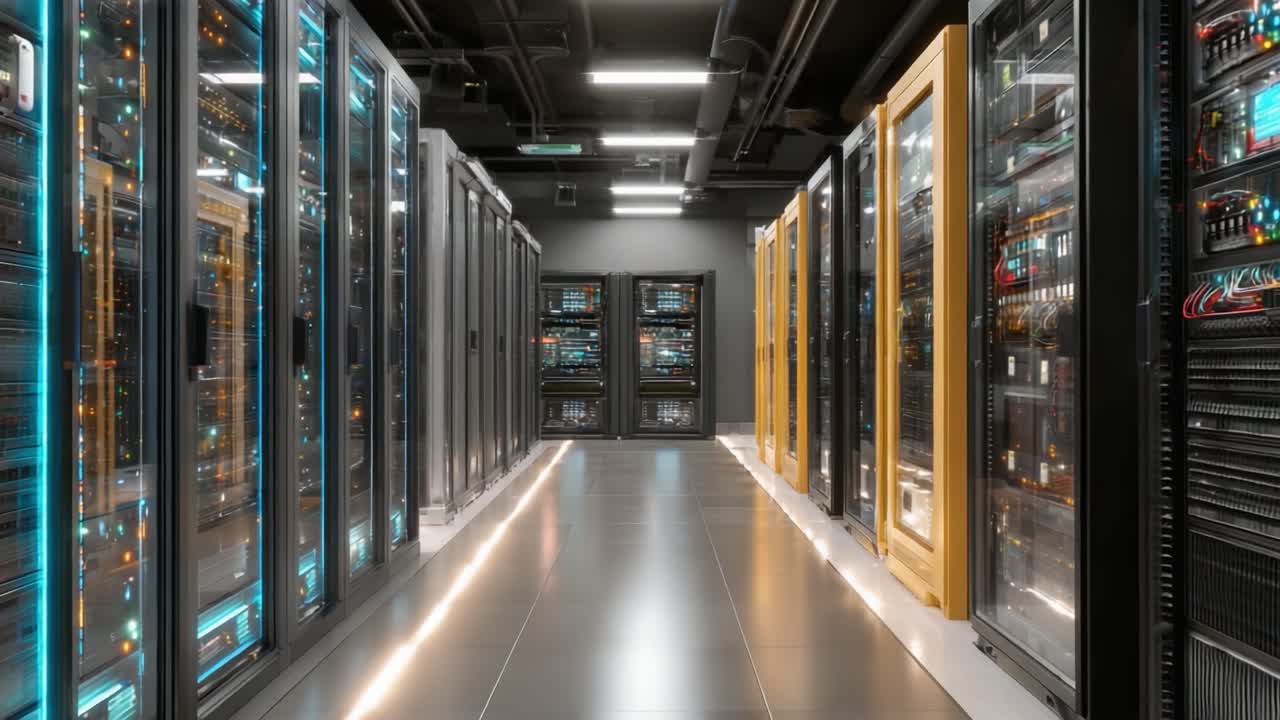 Inside a Modern Data Center: A Glimpse into the Rows of High-Performance Servers and Networking Equipment that Drive Today's Digital Infrastructure