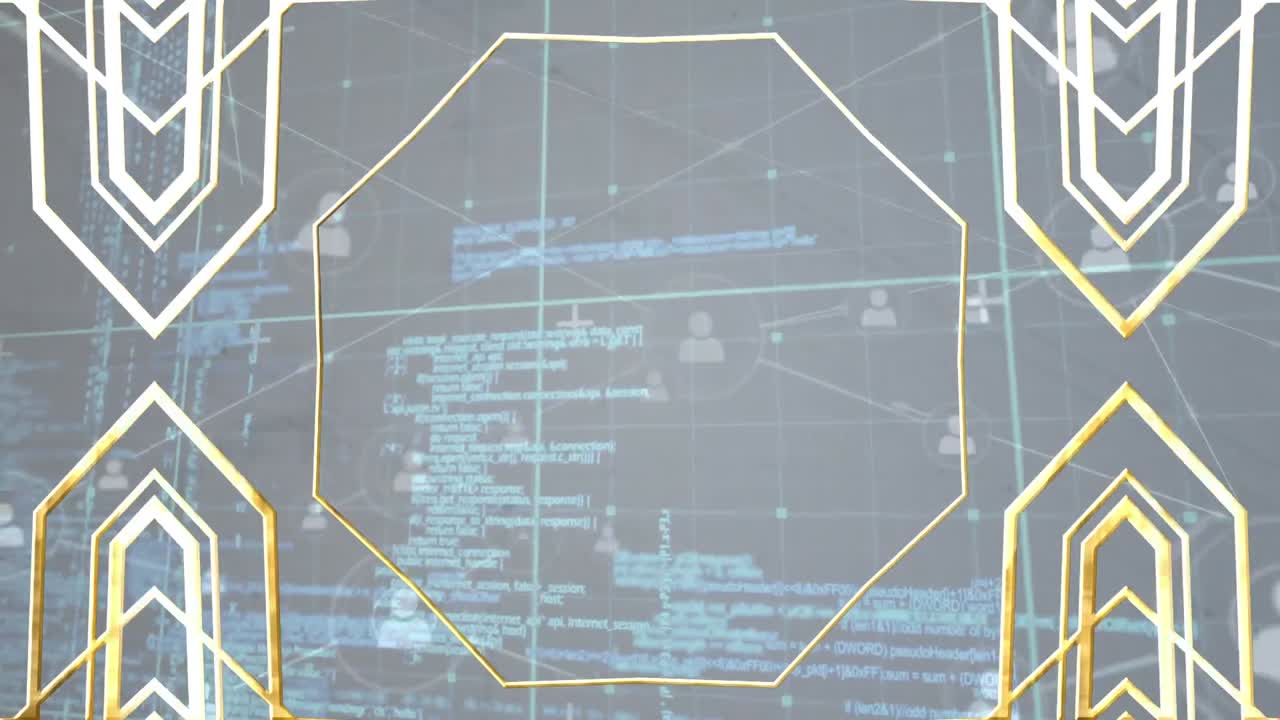 프로그래밍 언어를 통해 선으로 상호 연결된 프로필 아이콘으로 기하학적 모양의 애니메이션