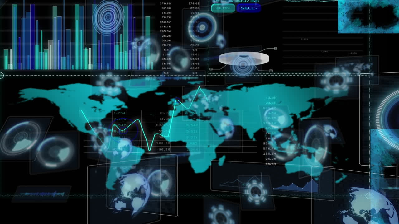 Animation of scopes scanning and statistics and data processing over world map