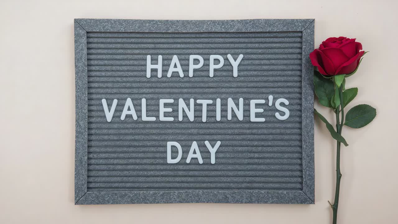 Sparkling felt board showing HAPPY VALENTINE'S DAY on pale-pink wall, frames advancing, red rose