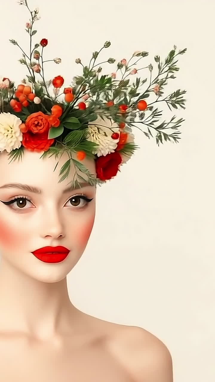 L'artista della corona floreale risplende. Una modella mostra una splendida corona floreale fatta di fiori rossi e bianchi, evidenziando bellezza e creatività nella moda