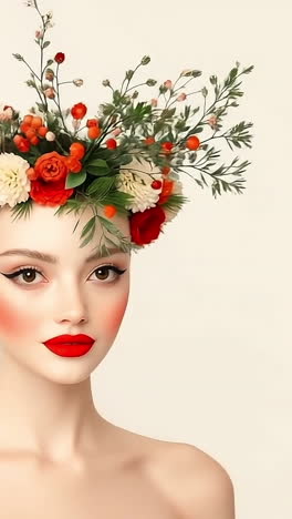 flower crown artist shines. a model displays a stunning floral crown made of red and white flowers, highlighting beauty and creativity in fashion.