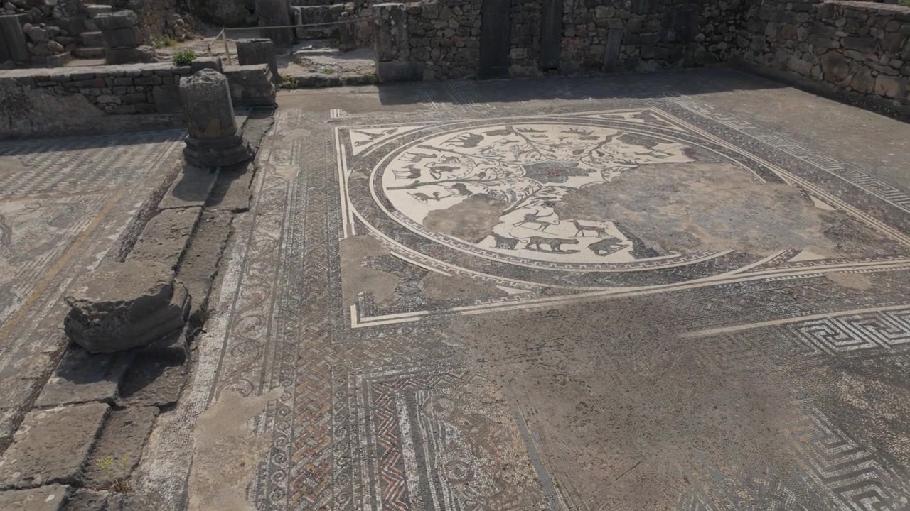 Vista a livello del suolo del mosaico romano di Orfeo nel sito archeologico di Volubilis, patrimonio UNESCO in Marocco, che mostra un'intricata maestria artigianale antica e una decorazione del pavimento straordinariamente conservata.