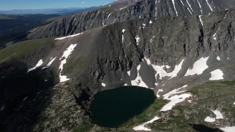 Aerial-View-of-Mohawk-Lake-Under-Tenmile-Range-Peaks,-Breckenridge,-Colorado-USA