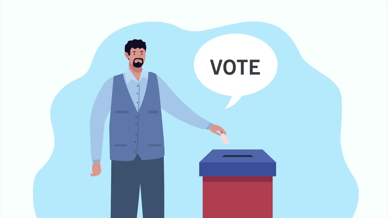 상자 및 연설 거품에서 투표하는 사람과 함께 선거 날 애니메이션