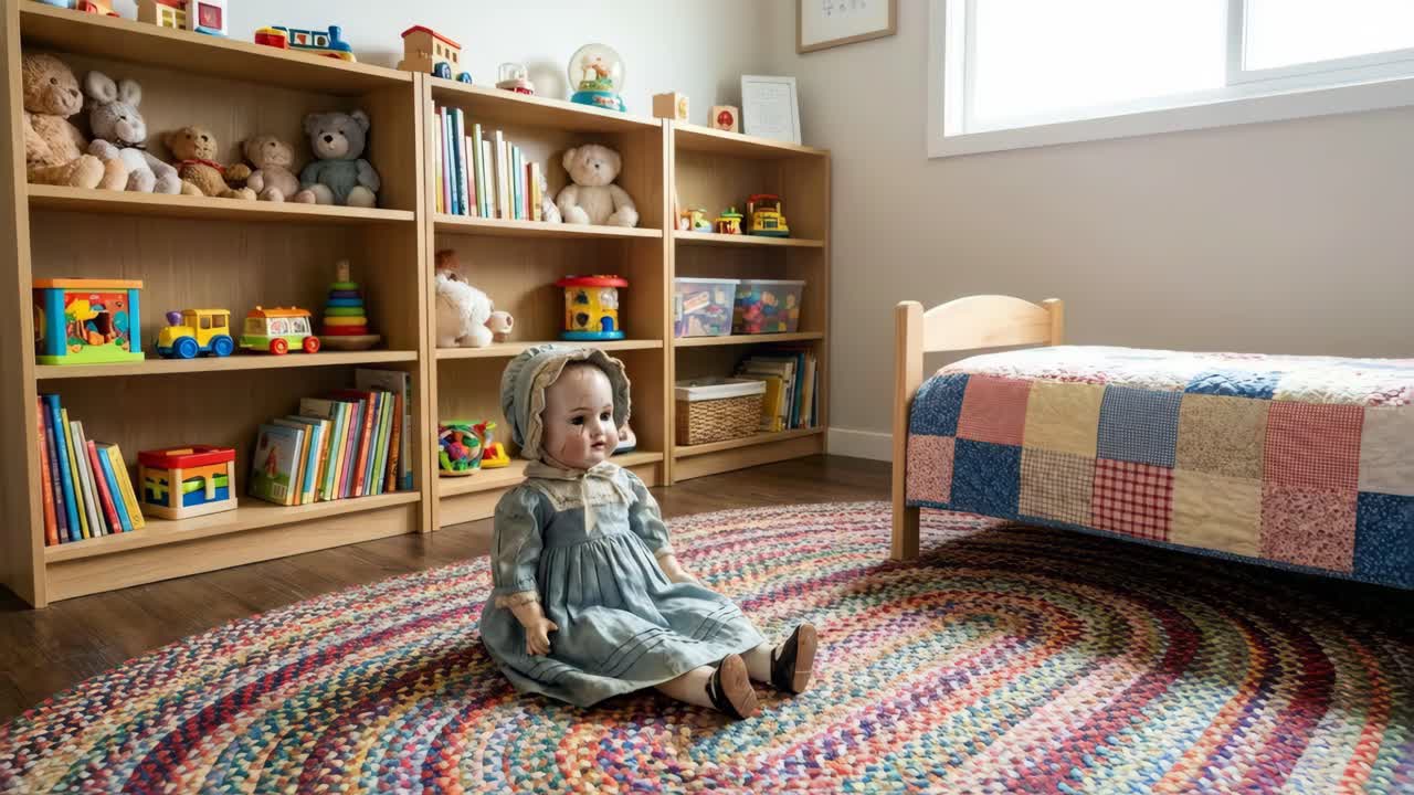 Creepy Antique Doll in a Children's Room