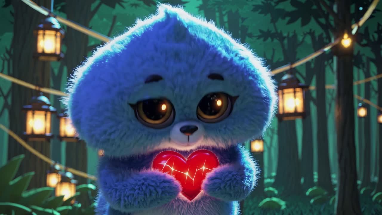 Enchanting nighttime forest scene, blue fluffy creature cradling luminous red heart under softly glowing hanging lanterns, magical atmosphere enveloping surroundings