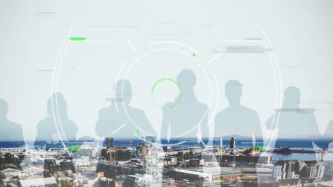 Animation-of-circular-scope-scanning-with-data-processing-over-city-and-business-people-silhouettes