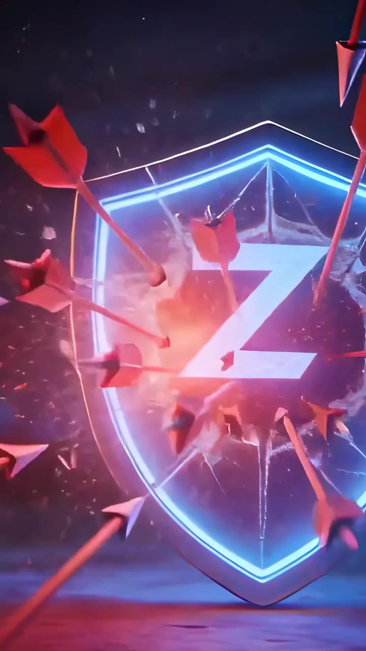 Vertical video: Taking incoming red arrows, neon blue shield breaking in studio revealing letter Z