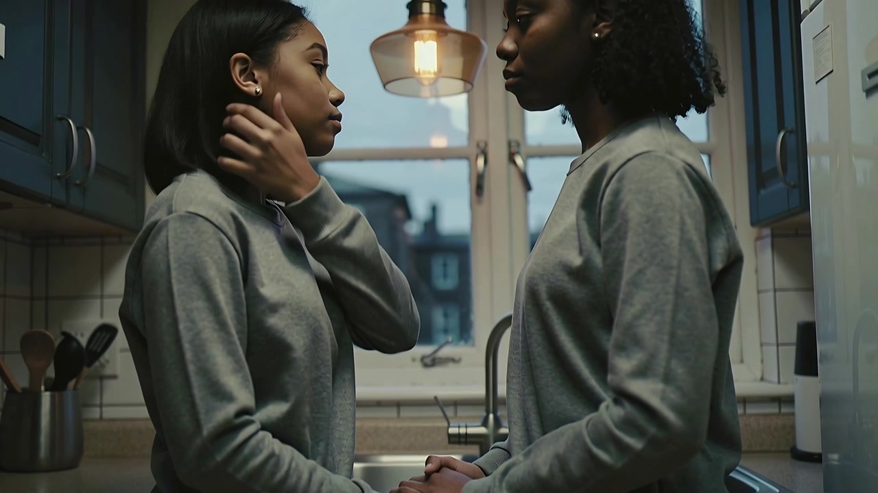 Holding hands two teenagers wearing grey sweatshirts touching face at kitchen sink, seeking comfort