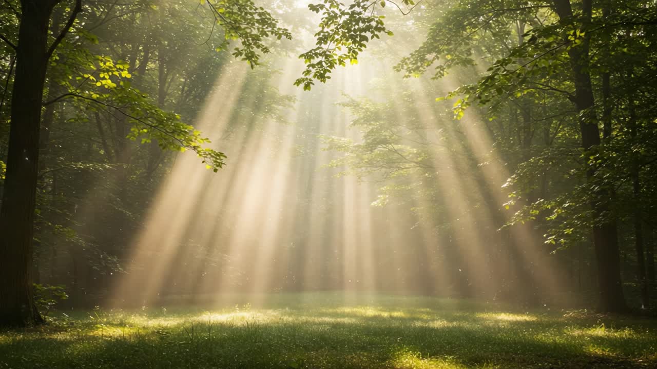Sunlight Filtering Through Trees in a Serene Forest, Creating a Breathtaking Display of Nature's Beauty and Tranquility