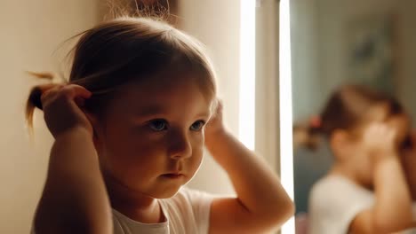toddler girl playing with her hair in front of a mirror